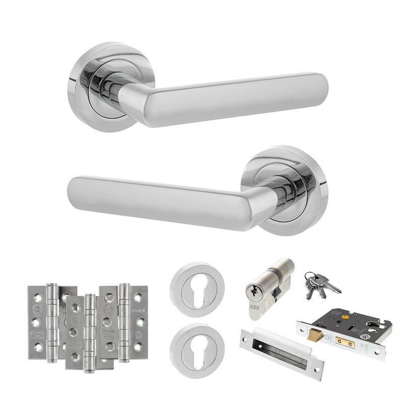 STATUS Carolina Door Handle Pack (Euro Lock Set - 2.5" CE Sashlock, 3" Fire Rated Hinges x3) - Polished Chrome - ADPS42RPC20 - Choice Handles