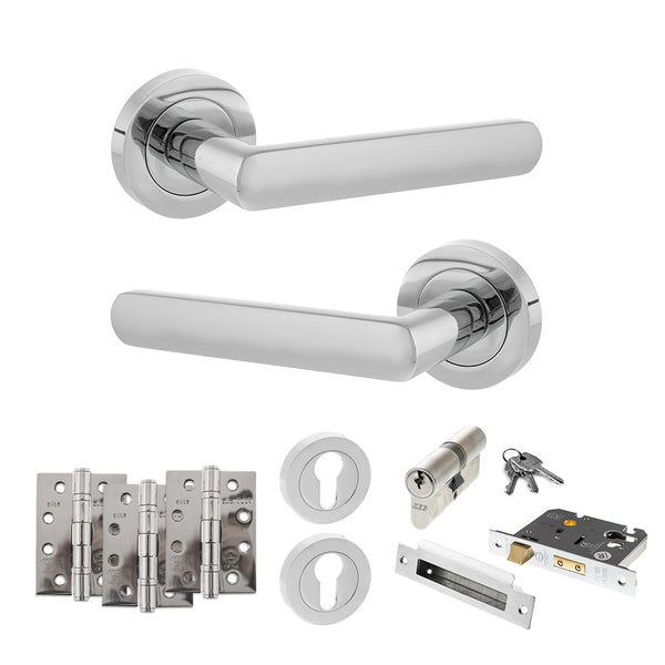 STATUS Carolina Door Handle Pack (Euro Lock Set - 2.5" CE Sashlock, 4" Fire Rated Hinges x3) - Polished Chrome - ADPS42RPC22 - Choice Handles