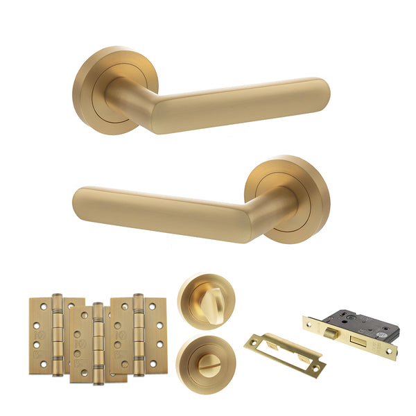 STATUS Carolina Door Handle Pack (Bathroom Set - 2.5" CE Bathroom Lock, 4" Fire Rated Hinges x3) - Satin Brass - ADPS42RSB10 - Choice Handles