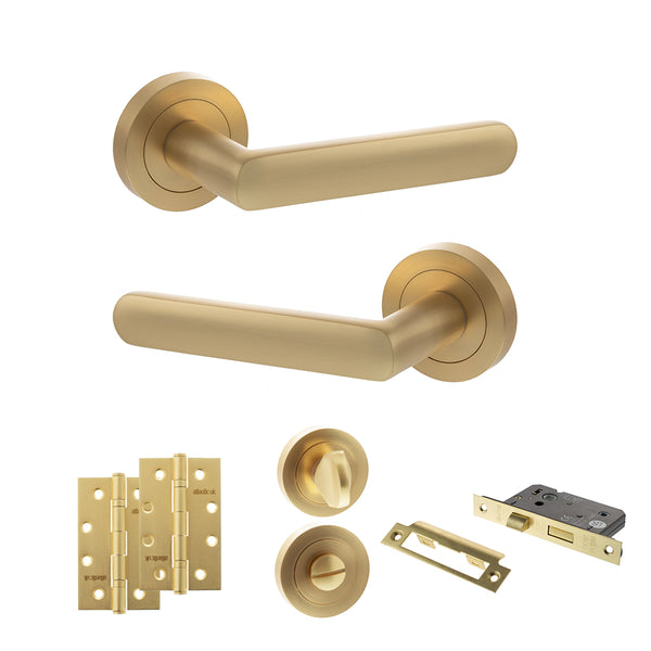 STATUS Carolina Door Handle Pack (Bathroom Set - 2.5" CE Bathroom Lock, 4" Slim Knuckle Hinges x2) - Satin Brass - ADPS42RSB12 - Choice Handles
