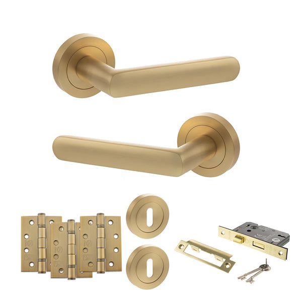STATUS Carolina Door Handle Pack (3 Lever Lock Set - 2.5" CE Sashlock, 4" Fire Rated Hinges x3) - Satin Brass - ADPS42RSB16 - Choice Handles