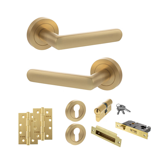 STATUS Carolina Door Handle Pack (Euro Lock Set - 3" CE Sashlock, 4" Slim Knuckle Hinges x2) - Satin Brass - ADPS42RSB25 - Choice Handles