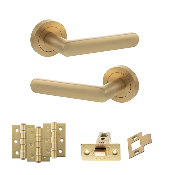 STATUS Carolina Door Handle Pack (Latch Set - 3" CE Latch, 3" Fire Rated Hinges x3) - Satin Brass - ADPS42RSB2