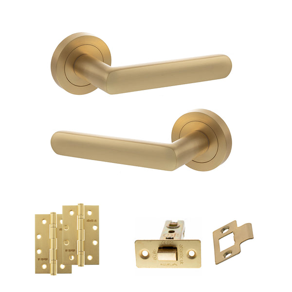STATUS Carolina Door Handle Pack (Latch Set - 3" CE Latch, 4" Slim Knuckle Hinges x2) - Satin Brass - ADPS42RSB6 - Choice Handles