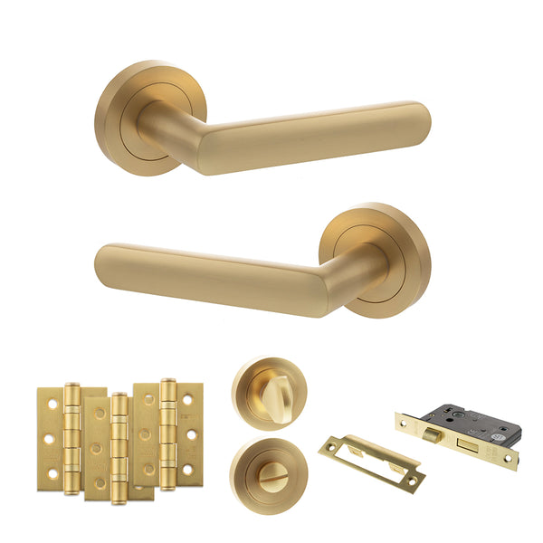 STATUS Carolina Door Handle Pack (Bathroom Set - 2.5" CE Bathroom Lock, 3" Fire Rated Hinges x3) - Satin Brass - ADPS42RSB8