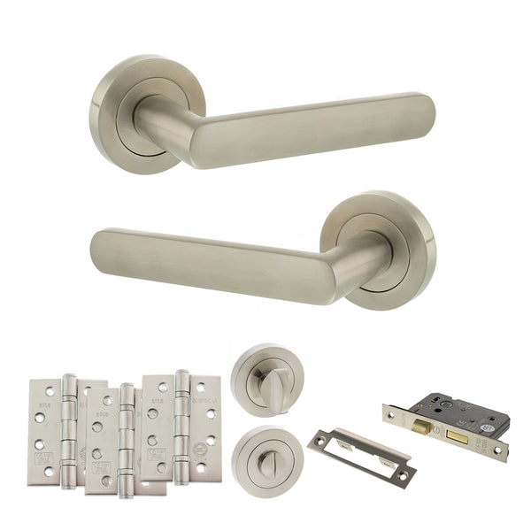 STATUS Carolina Door Handle Pack (Bathroom Set - 2.5" CE Bathroom Lock, 4" Fire Rated Hinges x3) - Satin Nickel - ADPS42RSN10 - Choice Handles