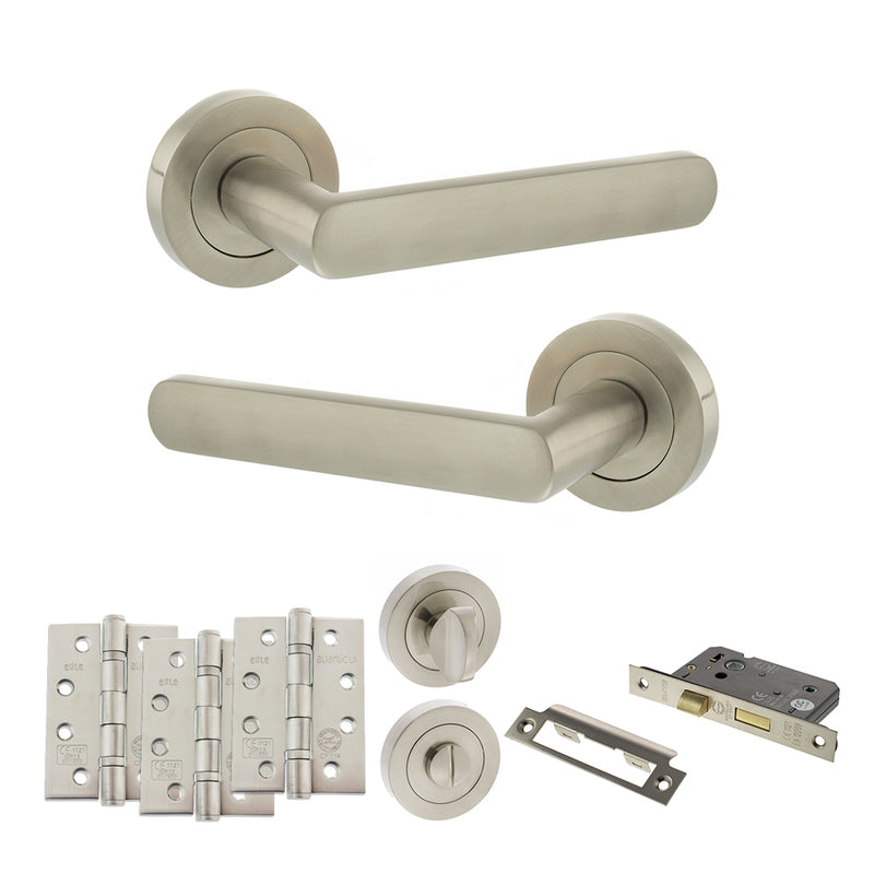STATUS Carolina Door Handle Pack (Bathroom Set - 2.5" CE Bathroom Lock, 4" Fire Rated Hinges x3) - Satin Nickel - ADPS42RSN10 - Choice Handles