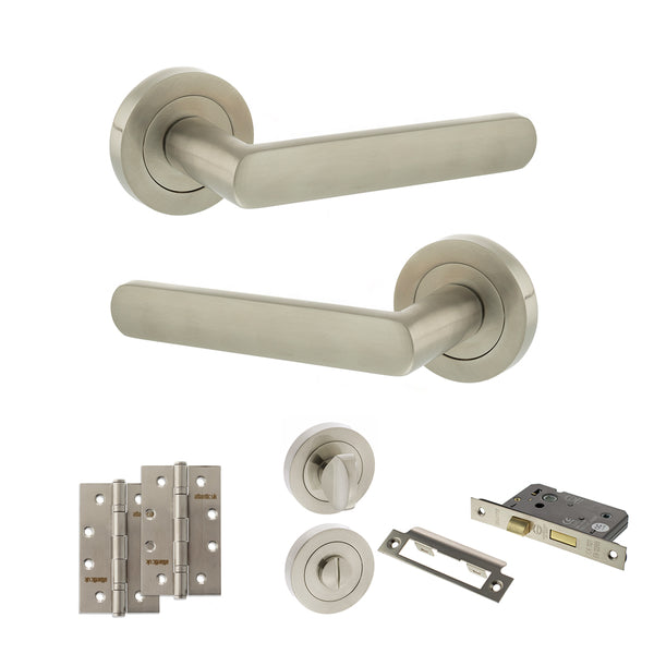 STATUS Carolina Door Handle Pack (Bathroom Set - 2.5" CE Bathroom Lock, 4" Slim Knuckle Hinges x2) - Satin Nickel - ADPS42RSN12 - Choice Handles