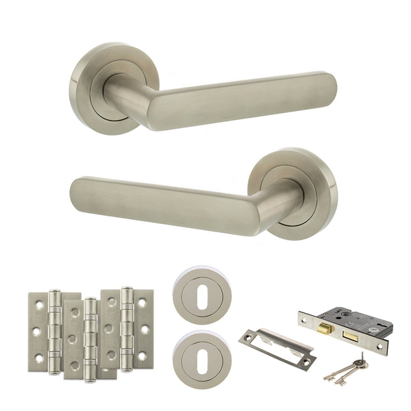STATUS Carolina Door Handle Pack (3 Lever Lock Set - 2.5" CE Sashlock, 3" Fire Rated Hinges x3) - Satin Nickel - ADPS42RSN14 - Choice Handles