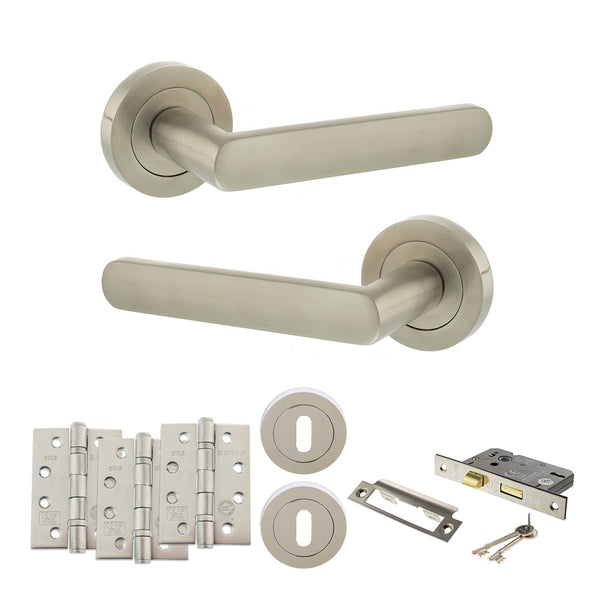 STATUS Carolina Door Handle Pack (3 Lever Lock Set - 2.5" CE Sashlock, 4" Fire Rated Hinges x3) - Satin Nickel - ADPS42RSN16 - Choice Handles