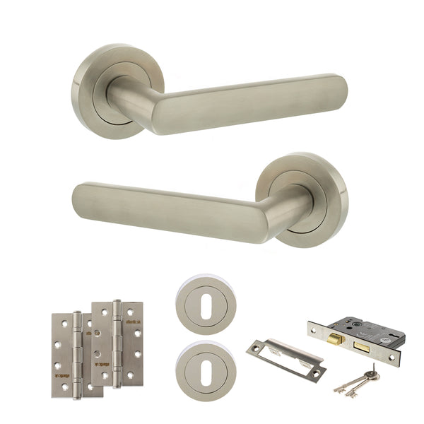 STATUS Carolina Door Handle Pack (3 Lever Lock Set - 3" CE Sashlock, 4" Slim Knuckle Hinges x2) - Satin Nickel - ADPS42RSN19 - Choice Handles