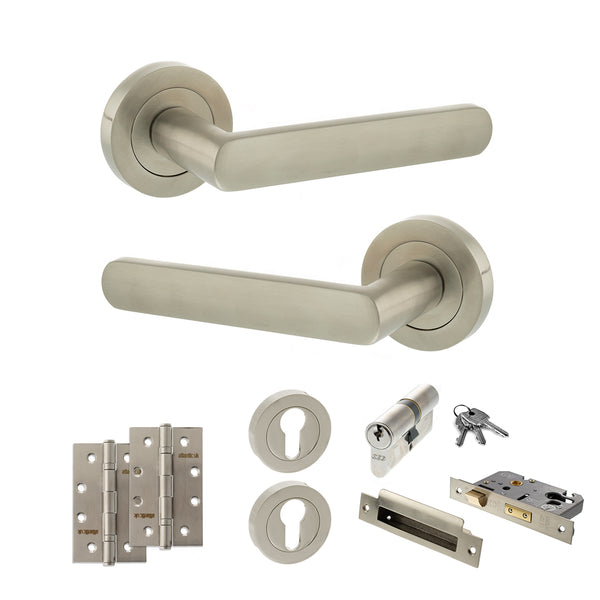 STATUS Carolina Door Handle Pack (Euro Lock Set - 2.5" CE Sashlock, 4" Slim Knuckle Hinges x2) - Satin Nickel - ADPS42RSN24 - Choice Handles