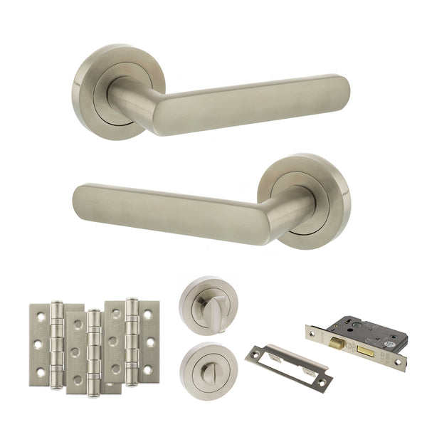 STATUS Carolina Door Handle Pack (Bathroom Set - 3" CE Bathroom Lock, 3" Fire Rated Hinges x3) - Satin Nickel - ADPS42RSN9 - Choice Handles