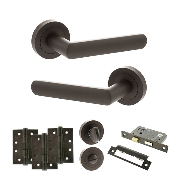 STATUS Carolina Door Handle Pack (Bathroom Set - 2.5" CE Bathroom Lock, 4" Fire Rated Hinges x3) - Urban Dark Bronze - ADPS42RUDB10 - Choice Handles