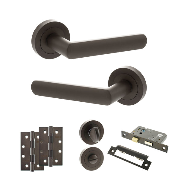 STATUS Carolina Door Handle Pack (Bathroom Set - 2.5" CE Bathroom Lock, 4" Slim Knuckle Hinges x2) - Urban Dark Bronze - ADPS42RUDB12 - Choice Handles