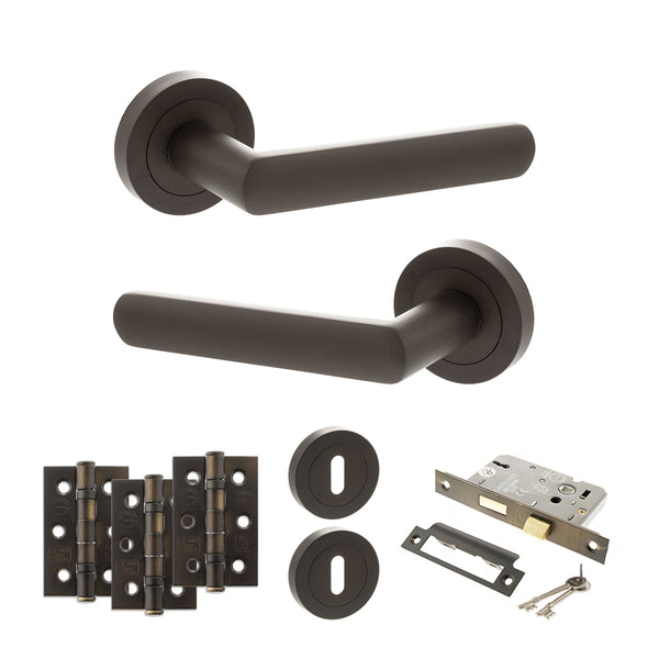 STATUS Carolina Door Handle Pack (3 Lever Lock Set - 2.5" CE Sashlock, 3" Fire Rated Hinges x3) - Urban Dark Bronze - ADPS42RUDB14 - Choice Handles