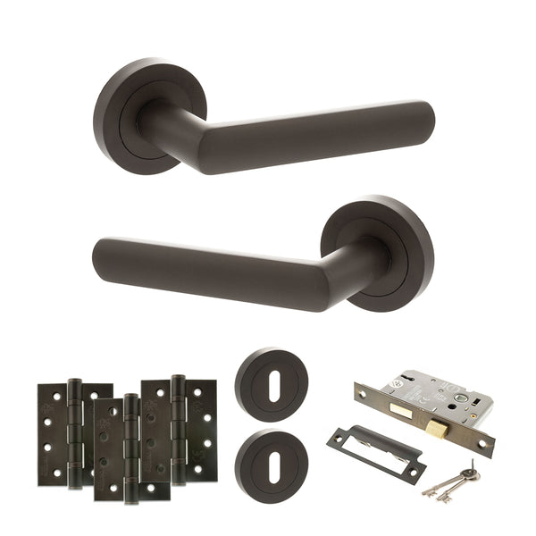 STATUS Carolina Door Handle Pack (3 Lever Lock Set - 2.5" CE Sashlock, 4" Fire Rated Hinges x3) - Urban Dark Bronze - ADPS42RUDB16 - Choice Handles
