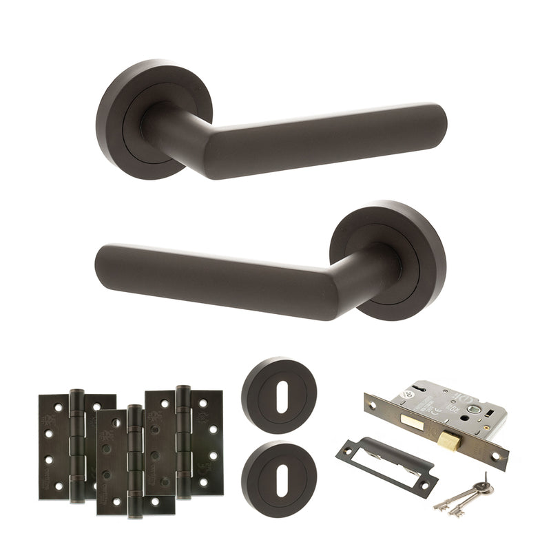 STATUS Carolina Door Handle Pack (3 Lever Lock Set - 2.5" CE Sashlock, 4" Fire Rated Hinges x3) - Urban Dark Bronze - ADPS42RUDB16 - Choice Handles