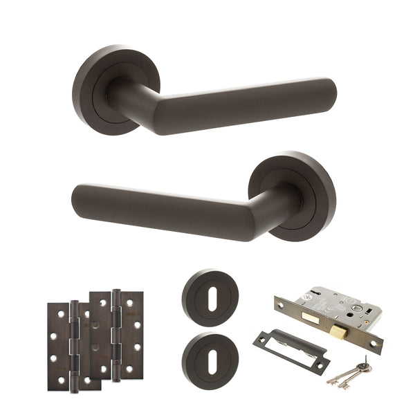 STATUS Carolina Door Handle Pack (3 Lever Lock Set - 3" CE Sashlock, 4" Slim Knuckle Hinges x2) - Urban Dark Bronze - ADPS42RUDB19 - Choice Handles