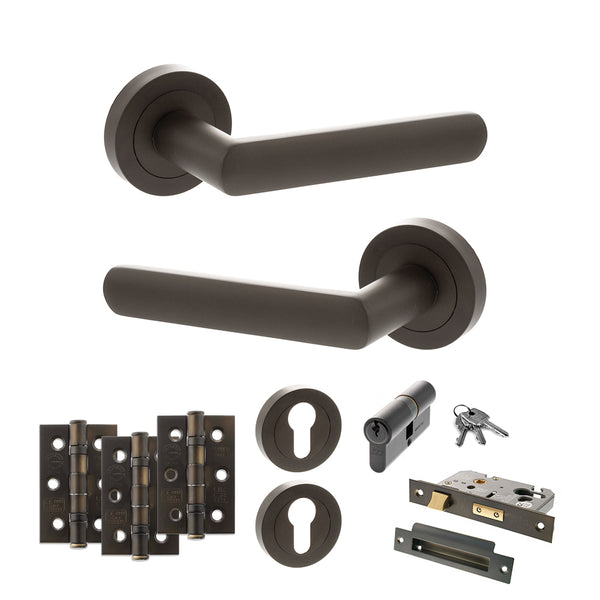 STATUS Carolina Door Handle Pack (Euro Lock Set - 2.5" CE Sashlock, 3" Fire Rated Hinges x3) - Urban Dark Bronze - ADPS42RUDB20 - Choice Handles
