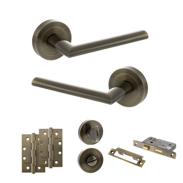STATUS Alabama Door Handle Pack (Bathroom Set - 2.5" CE Bathroom Lock, 4" Slim Knuckle Hinges x2) - Antique Brass - ADPS43RAB12 - Choice Handles