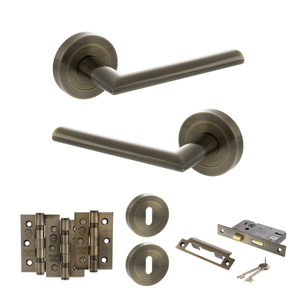 STATUS Alabama Door Handle Pack (3 Lever Lock Set - 2.5" CE Sashlock, 3" Fire Rated Hinges x3) - Antique Brass - ADPS43RAB14 - Choice Handles