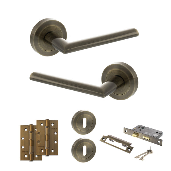 STATUS Alabama Door Handle Pack (3 Lever Lock Set - 3" CE Sashlock, 4" Slim Knuckle Hinges x2) - Antique Brass - ADPS43RAB19 - Choice Handles