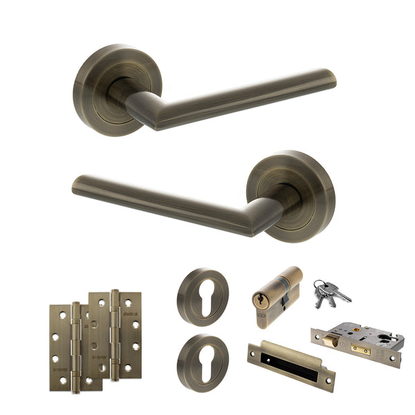 STATUS Alabama Door Handle Pack (Euro Lock Set - 2.5" CE Sashlock, 4" Slim Knuckle Hinges x2) - Antique Brass - ADPS43RAB24 - Choice Handles