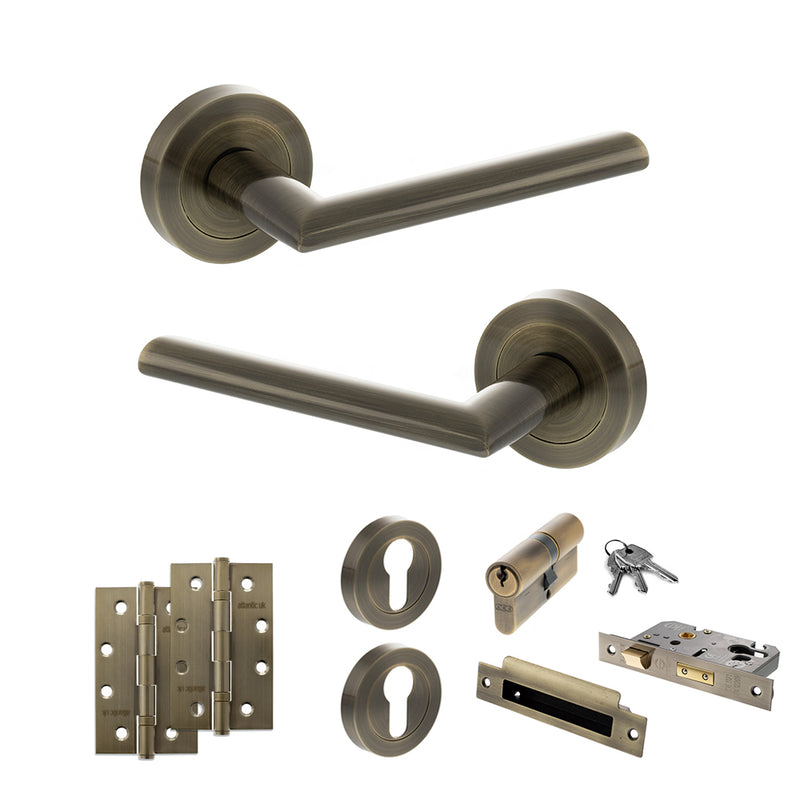 STATUS Alabama Door Handle Pack (Euro Lock Set - 2.5" CE Sashlock, 4" Slim Knuckle Hinges x2) - Antique Brass - ADPS43RAB24 - Choice Handles