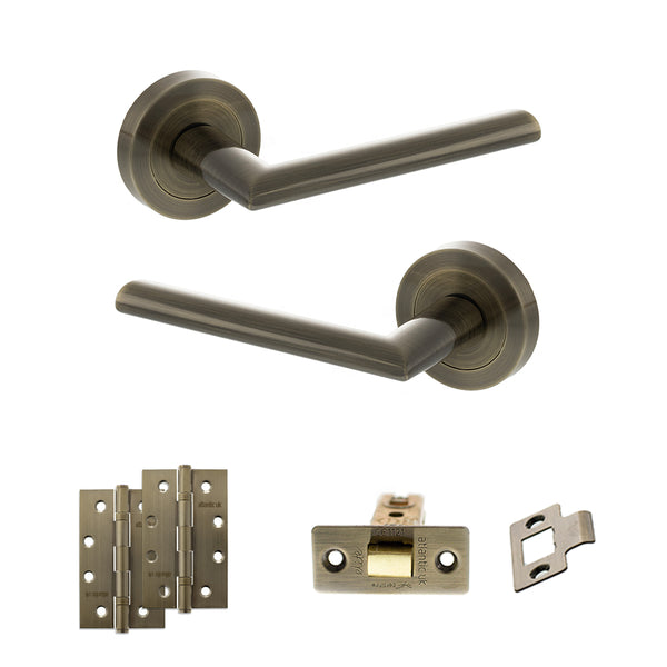 STATUS Alabama Door Handle Pack (Latch Set - 2.5" CE Latch, 4" Slim Knuckle Hinges x2) - Antique Brass - ADPS43RAB5 - Choice Handles