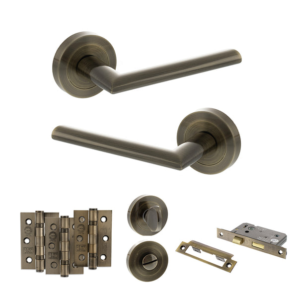 STATUS Alabama Door Handle Pack (Bathroom Set - 2.5" CE Bathroom Lock, 3" Fire Rated Hinges x3) - Antique Brass - ADPS43RAB8 - Choice Handles
