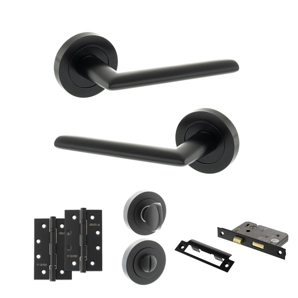 STATUS Alabama Door Handle Pack (Bathroom Set - 2.5" CE Bathroom Lock, 4" Slim Knuckle Hinges x2) - Matt Black - ADPS43RMB12 - Choice Handles