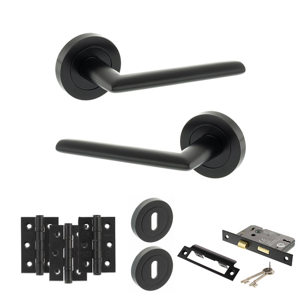 STATUS Alabama Door Handle Pack (3 Lever Lock Set - 2.5" CE Sashlock, 3" Fire Rated Hinges x3) - Matt Black - ADPS43RMB14 - Choice Handles