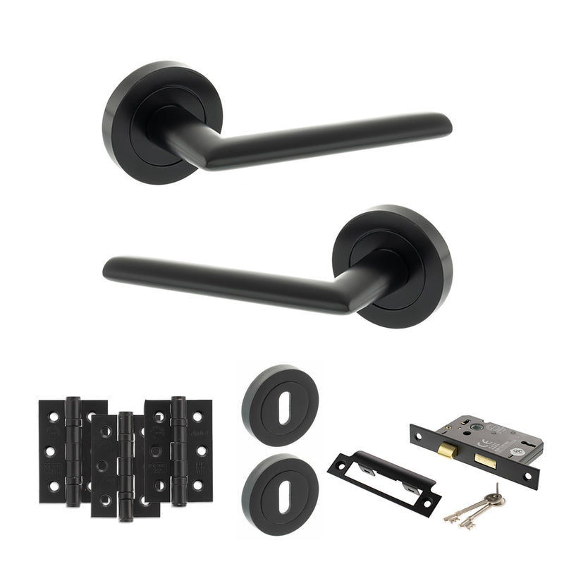 STATUS Alabama Door Handle Pack (3 Lever Lock Set - 2.5" CE Sashlock, 3" Fire Rated Hinges x3) - Matt Black - ADPS43RMB14