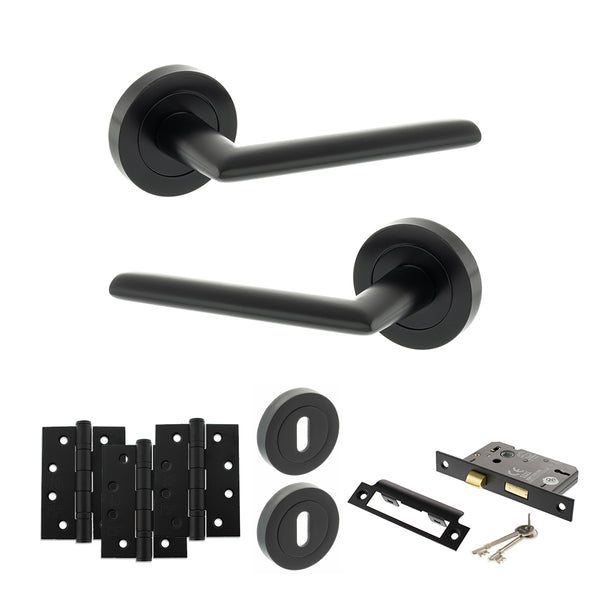 STATUS Alabama Door Handle Pack (3 Lever Lock Set - 2.5" CE Sashlock, 4" Fire Rated Hinges x3) - Matt Black - ADPS43RMB16 - Choice Handles