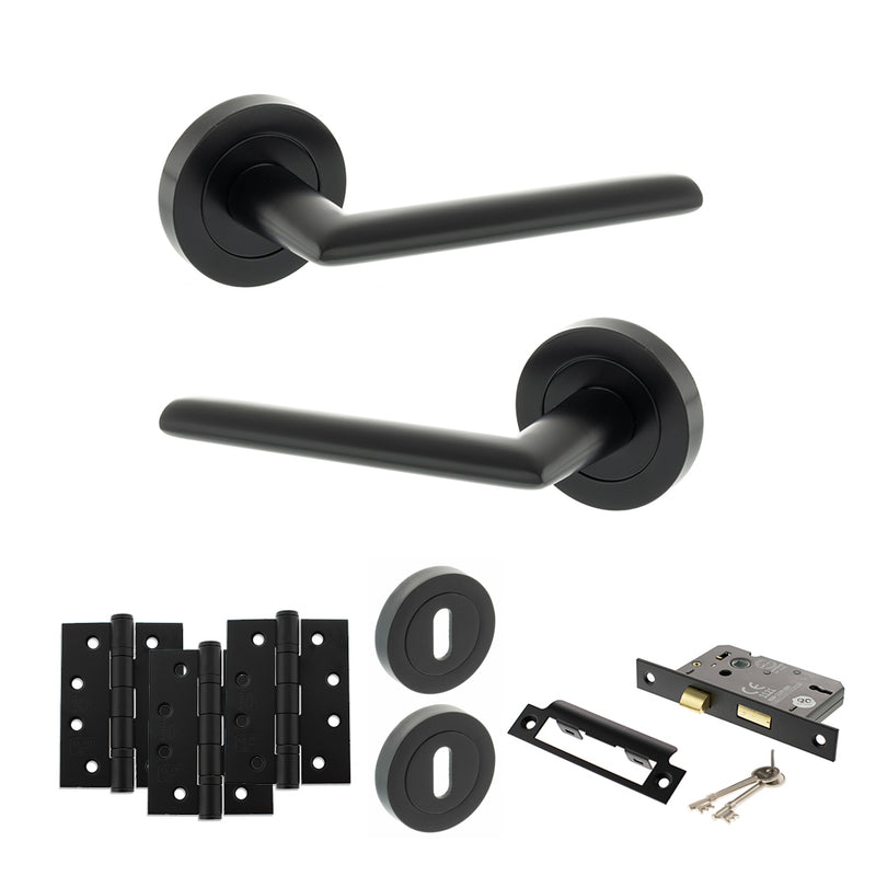 STATUS Alabama Door Handle Pack (3 Lever Lock Set - 2.5" CE Sashlock, 4" Fire Rated Hinges x3) - Matt Black - ADPS43RMB16 - Choice Handles