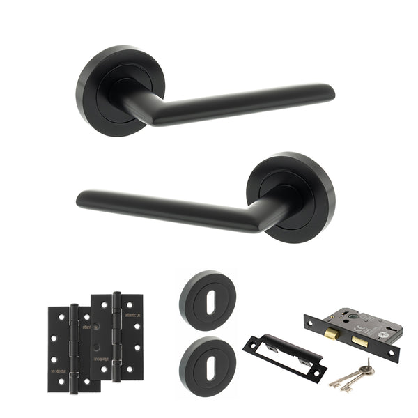 STATUS Alabama Door Handle Pack (3 Lever Lock Set - 2.5" CE Sashlock, 4" Slim Knuckle Hinges x2) - Matt Black - ADPS43RMB18 - Choice Handles