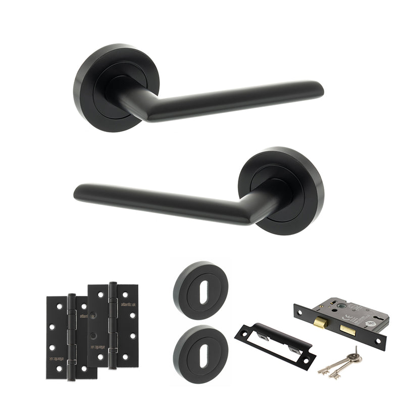STATUS Alabama Door Handle Pack (3 Lever Lock Set - 2.5" CE Sashlock, 4" Slim Knuckle Hinges x2) - Matt Black - ADPS43RMB18 - Choice Handles