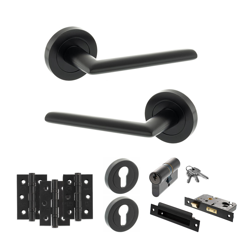 STATUS Alabama Door Handle Pack (Euro Lock Set - 2.5" CE Sashlock, 3" Fire Rated Hinges x3) - Matt Black - ADPS43RMB20
