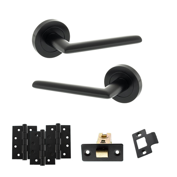 STATUS Alabama Door Handle Pack (Latch Set - 2.5" CE Latch, 4" Fire Rated Hinges x3) - Matt Black - ADPS43RMB3 - Choice Handles