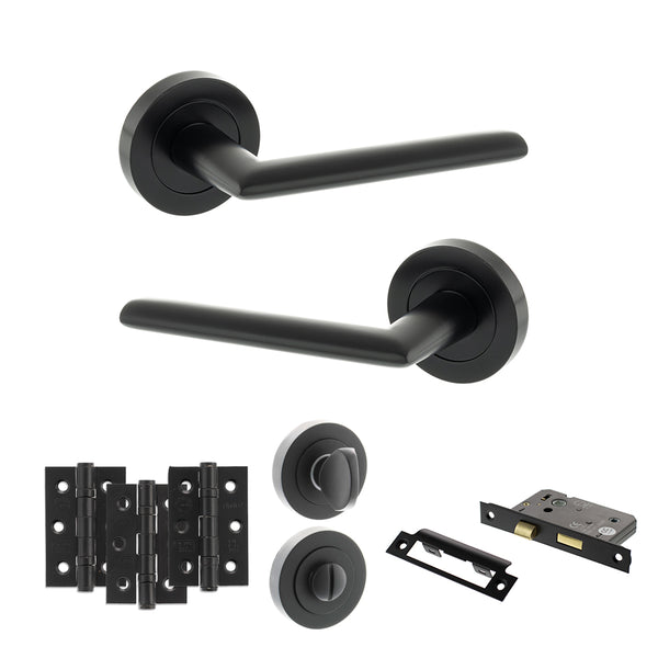 STATUS Alabama Door Handle Pack (Bathroom Set - 2.5" CE Bathroom Lock, 3" Fire Rated Hinges x3) - Matt Black - ADPS43RMB8 - Choice Handles