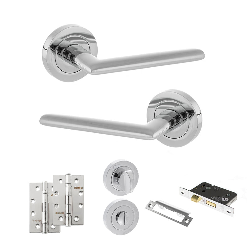 STATUS Alabama Door Handle Pack (Bathroom Set - 3" CE Bathroom Lock, 4" Slim Knuckle Hinges x2) - Polished Chrome - ADPS43RPC13