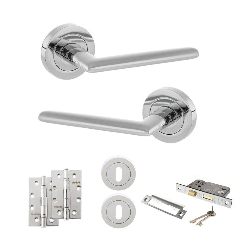 STATUS Alabama Door Handle Pack (3 Lever Lock Set - 2.5" CE Sashlock, 4" Slim Knuckle Hinges x2) - Polished Chrome - ADPS43RPC18 - Choice Handles