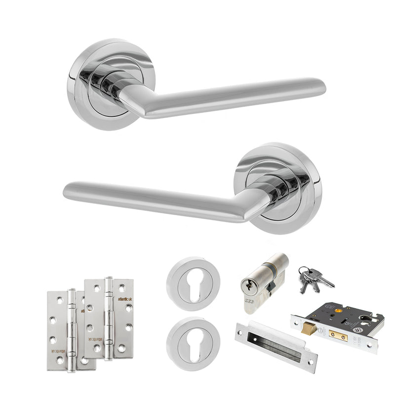 STATUS Alabama Door Handle Pack (Euro Lock Set - 3" CE Sashlock, 4" Slim Knuckle Hinges x2) - Polished Chrome - ADPS43RPC25