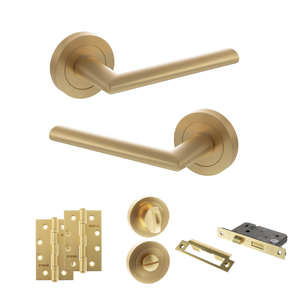 STATUS Alabama Door Handle Pack (Bathroom Set - 3" CE Bathroom Lock, 4" Slim Knuckle Hinges x2) - Satin Brass - ADPS43RSB13 - Choice Handles