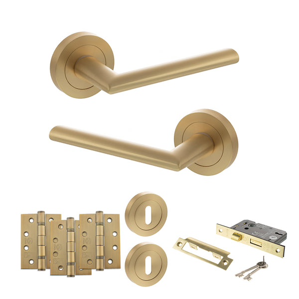 STATUS Alabama Door Handle Pack (3 Lever Lock Set - 3" CE Sashlock, 4" Fire Rated Hinges x3) - Satin Brass - ADPS43RSB17