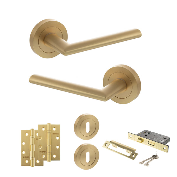 STATUS Alabama Door Handle Pack (3 Lever Lock Set - 3" CE Sashlock, 4" Slim Knuckle Hinges x2) - Satin Brass - ADPS43RSB19 - Choice Handles