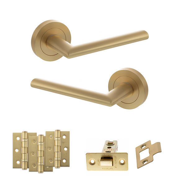 STATUS Alabama Door Handle Pack (Latch Set - 2.5" CE Latch, 3" Fire Rated Hinges x3) - Satin Brass - ADPS43RSB1