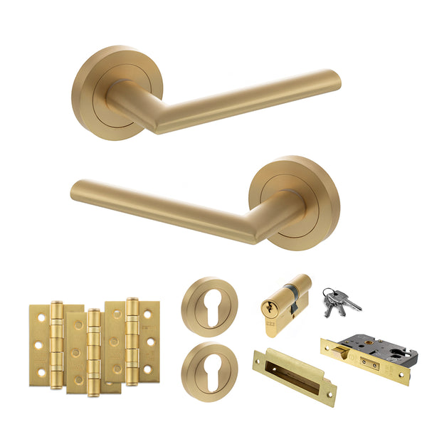 STATUS Alabama Door Handle Pack (Euro Lock Set - 2.5" CE Sashlock, 3" Fire Rated Hinges x3) - Satin Brass - ADPS43RSB20 - Choice Handles