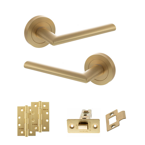 STATUS Alabama Door Handle Pack (Latch Set - 3" CE Latch, 4" Slim Knuckle Hinges x2) - Satin Brass - ADPS43RSB6